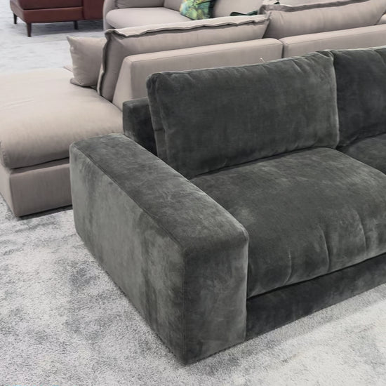 Video showcasing the Swoon 'Denver' charcoal grey linen fabric sofa, detailing its size, comfort, and fabric texture.