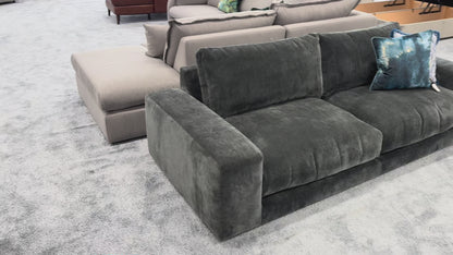 Video showcasing the Swoon 'Denver' charcoal grey linen fabric sofa, detailing its size, comfort, and fabric texture.