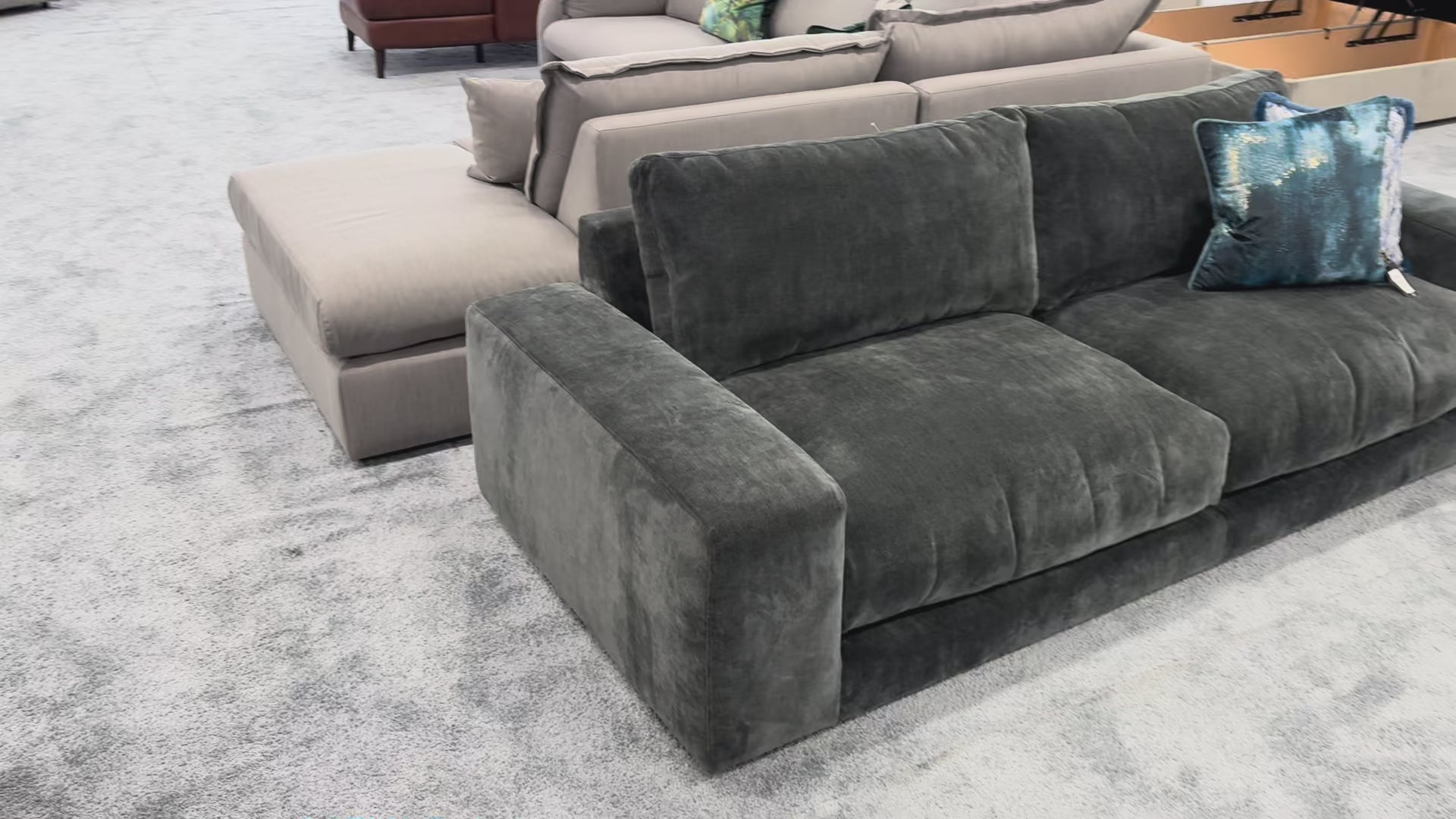 Video showcasing the Swoon 'Denver' charcoal grey linen fabric sofa, detailing its size, comfort, and fabric texture.