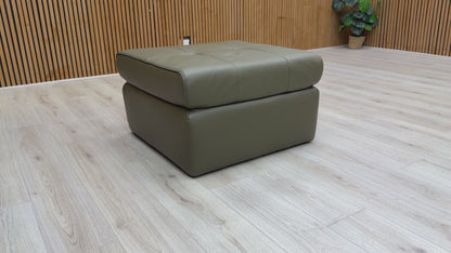 Video showcasing the construction, material, and full view of the 'Ava' Khaki Green Leather Large Square Footstool.