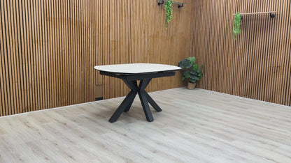 ‘Raul’ Travertine Ceramic Top 130cm Swivel Extending Dining Table