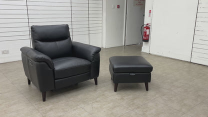 ‘Morgan' Oslo Cat-40:23 Jet Black Leather Power Recliner Armchair + Storage Footstool