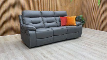 Product video tour of the ‘Dante’ Grey Fabric 3 Seater Manual Recliner, demonstrating the smooth latch-release mechanism and the full reclining range.
