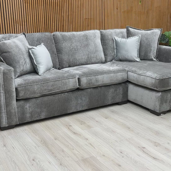 Video walkaround of the Thornbrook 'Chelsea' corner sofa, showcasing the fabric quality and sturdy wood frame.