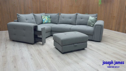 'Goliath' Oxford 94029 Storm Grey Fabric Left Hand Facing Corner Sofa with Storage Drawers + Storage Footstool