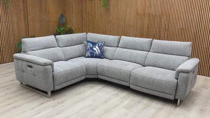 ‘Moet' 12445 Anivia Grey Fabric Double Power Recliner Left Hand Facing Corner Sofa with Telescopic Headrests