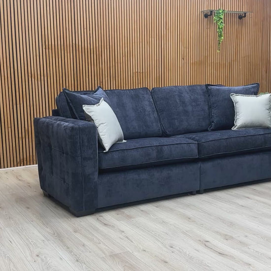 Video tour showcasing the scale and textured Derwent denim blue fabric of the Chelsea 4-seater classic back sofa.