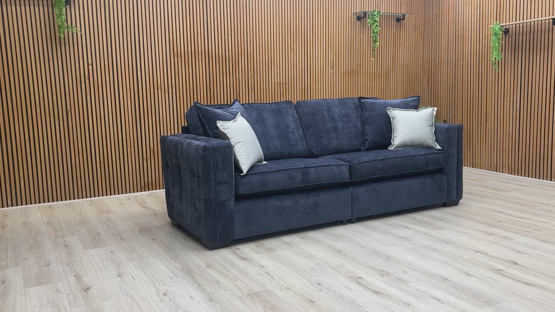 Video tour showcasing the scale and textured Derwent denim blue fabric of the Chelsea 4-seater classic back sofa.