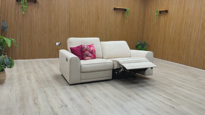 Video demonstration of the smooth motorised power recliner mechanism on the ‘Orka’ 3-seater cream fabric sofa.