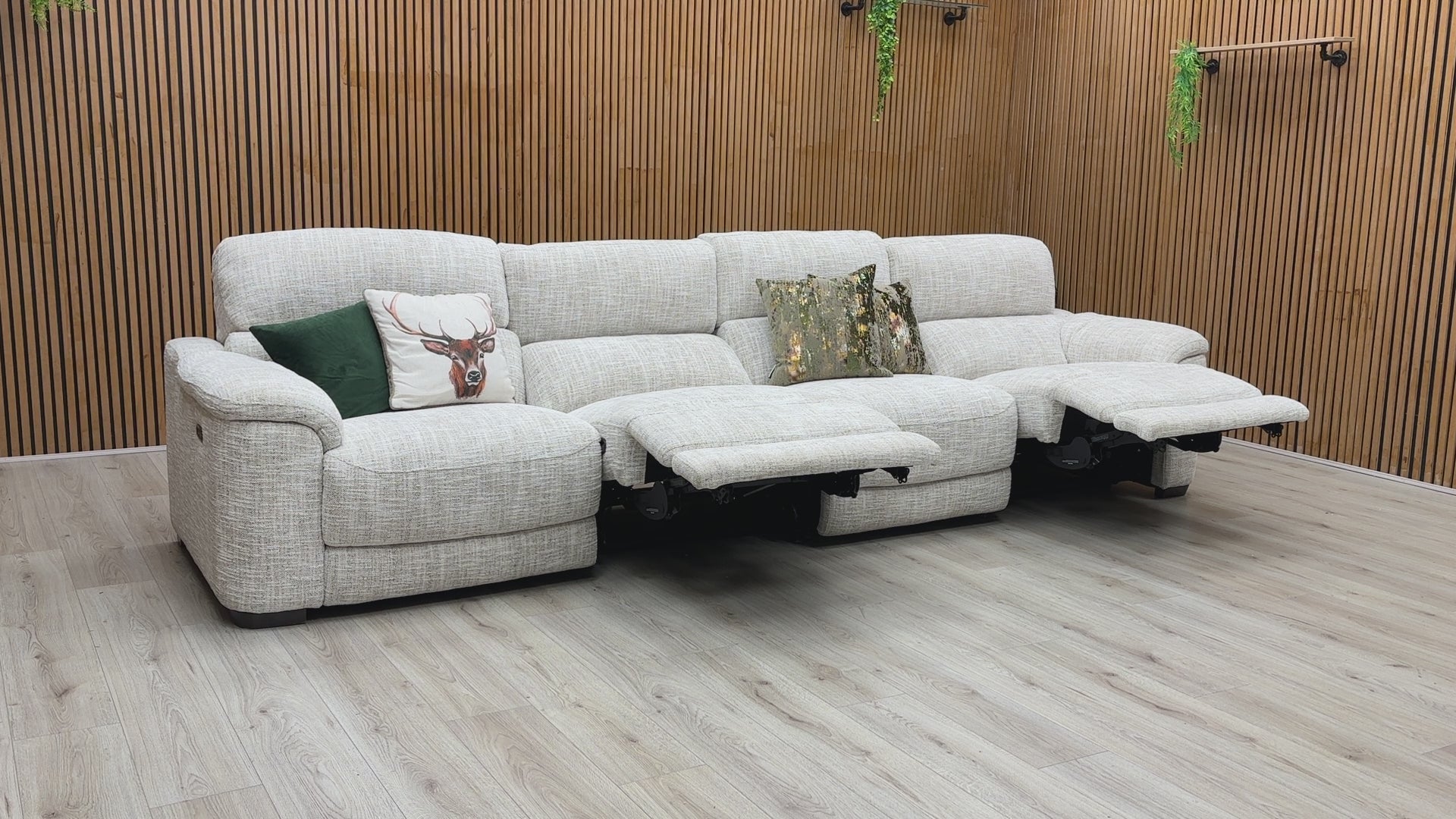 Video walkthrough showcasing the Nova beige fabric XL 4-seater power recliner sofa, demonstrating the smooth electric motor transition, wall-hugger clearance, and cushion fabric durability.