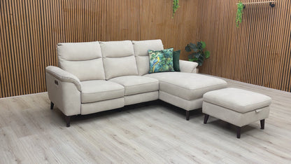 ‘Morgan’ Dexter Ivory 43501 Velvet Right Hand Facing 3 Seater Power Recliner Sofa with Open Chaise End + Storage Footstool