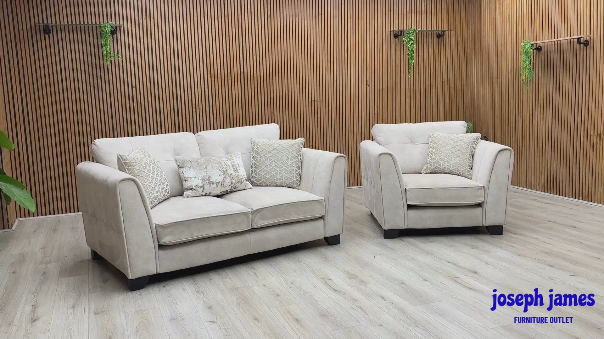 Video Of ‘Mariah’ luxury 2-seater sofa and matching armchair suite, beautifully upholstered in an elegant Dapple Ivory fabric and accented with sophisticated triple brass trim inserts.