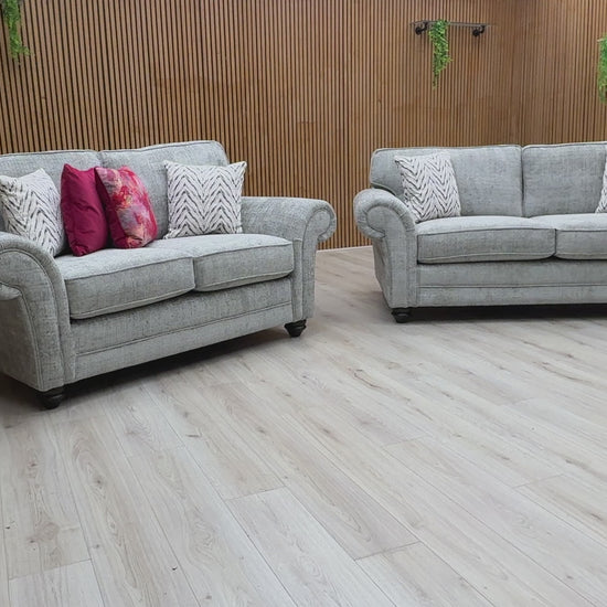 Video preview image for the product, demonstrating the size, fabric, and overall features of the 'Clara' Sage Green Woven Fabric 3 + 2 Seater Sofa Set.