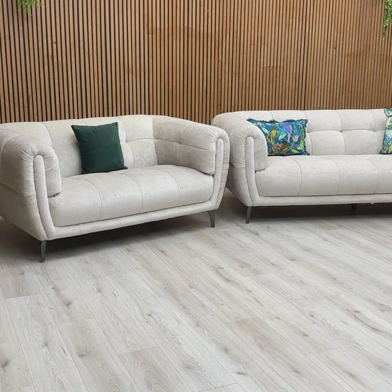 Video demonstrating the plush Hudson Mink Velvet upholstery and the all-over buttoning detail of the Sienna sofa.