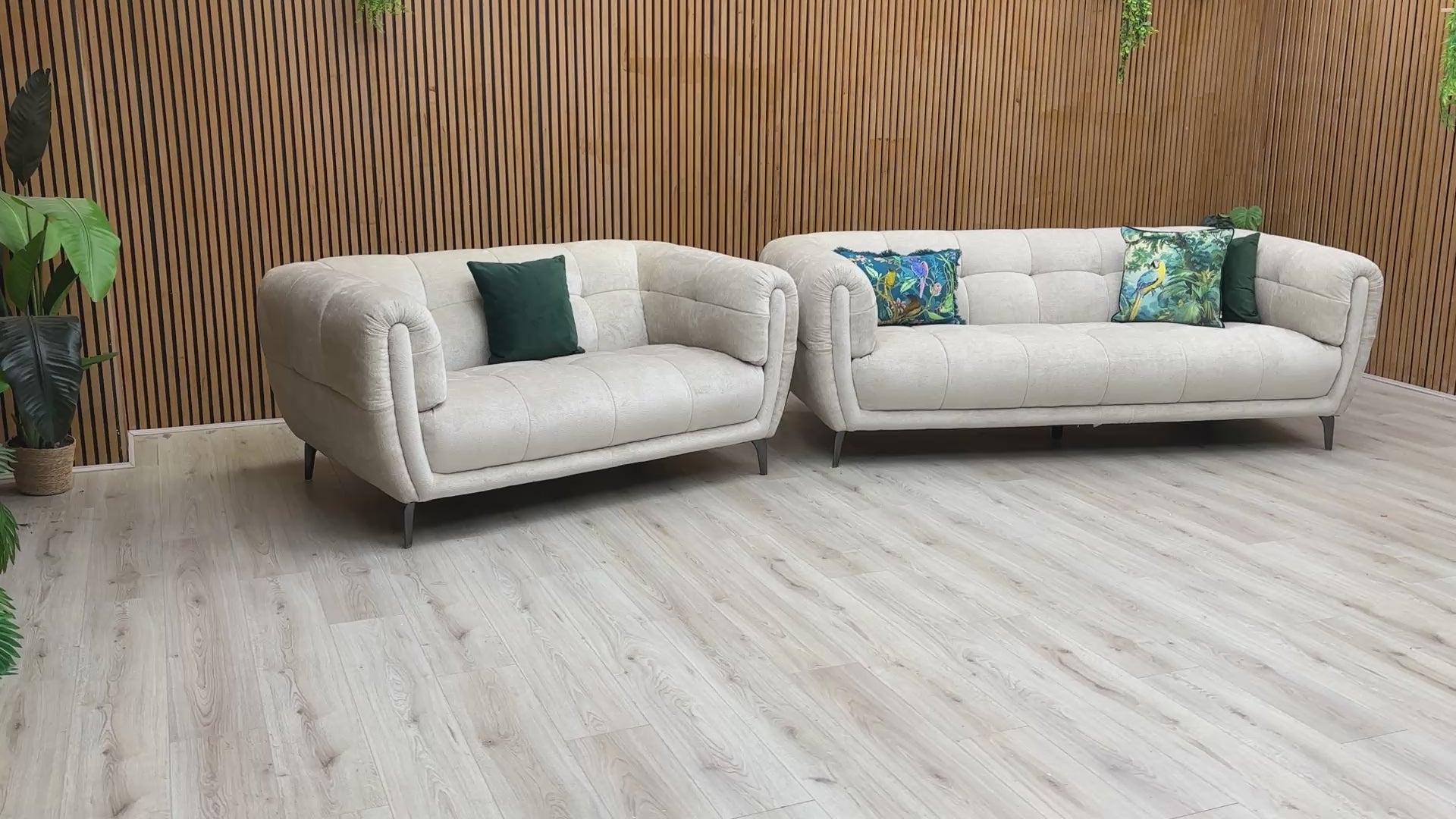 Video demonstrating the plush Hudson Mink Velvet upholstery and the all-over buttoning detail of the Sienna sofa.