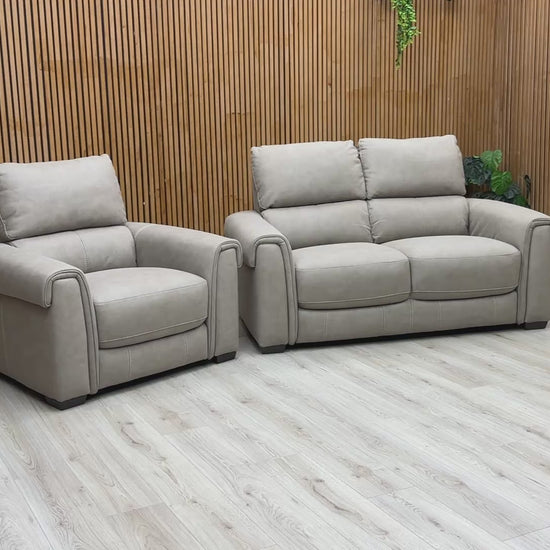  Video 'Nixon' Marble Taupe Suede set, highlighting the matching sofa and chair, featuring foam and inner coil spring seating.