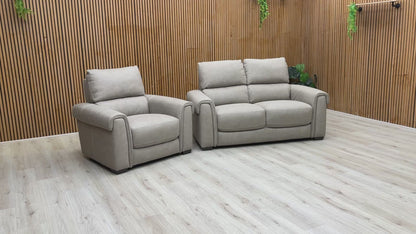  Video 'Nixon' Marble Taupe Suede set, highlighting the matching sofa and chair, featuring foam and inner coil spring seating.