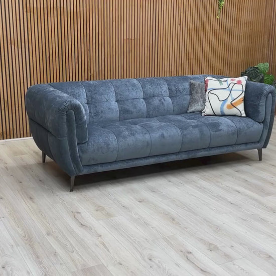 Video Of  ‘Sienna’ contemporary 3-seater fabric sofa from the Hudson collection, beautifully upholstered in a striking Ocean Blue tone fabric with clean, modern lines.