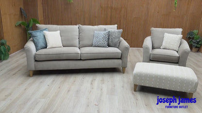 'Soho' Mont Blanc Natural Fabric 4 Seater Sofa + Chair + Patterned Fabric Designer Footstool