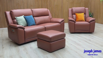 ‘Utah’ Tan Brown Leather 3 Seater Power Recliner Sofa with Power Headrests and Power Lumbar + Power Chair + Storage Footstool