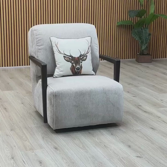 Video Of ‘Aphrodite’ contemporary accent swivel chair, beautifully upholstered in high-grade California Cobblestone Grey fabric with a sleek, circular silhouette.