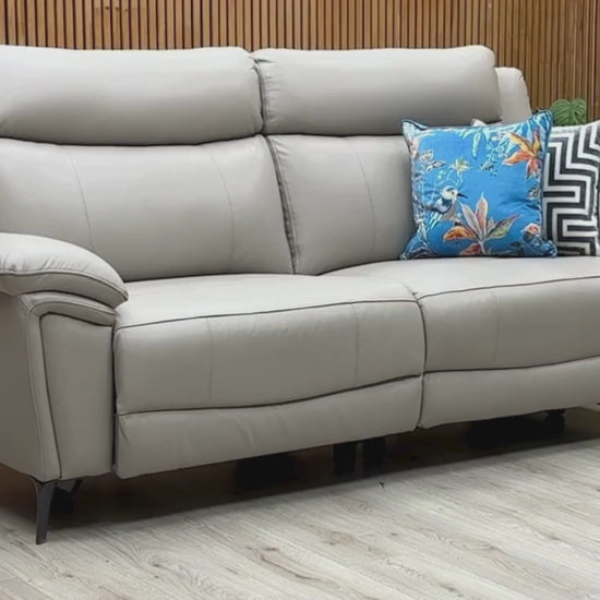 Video Of ‘Panache’ contemporary 3-seater power recliner sofa, beautifully upholstered in a sophisticated Lead Grey Category 60/23 luxury leather.