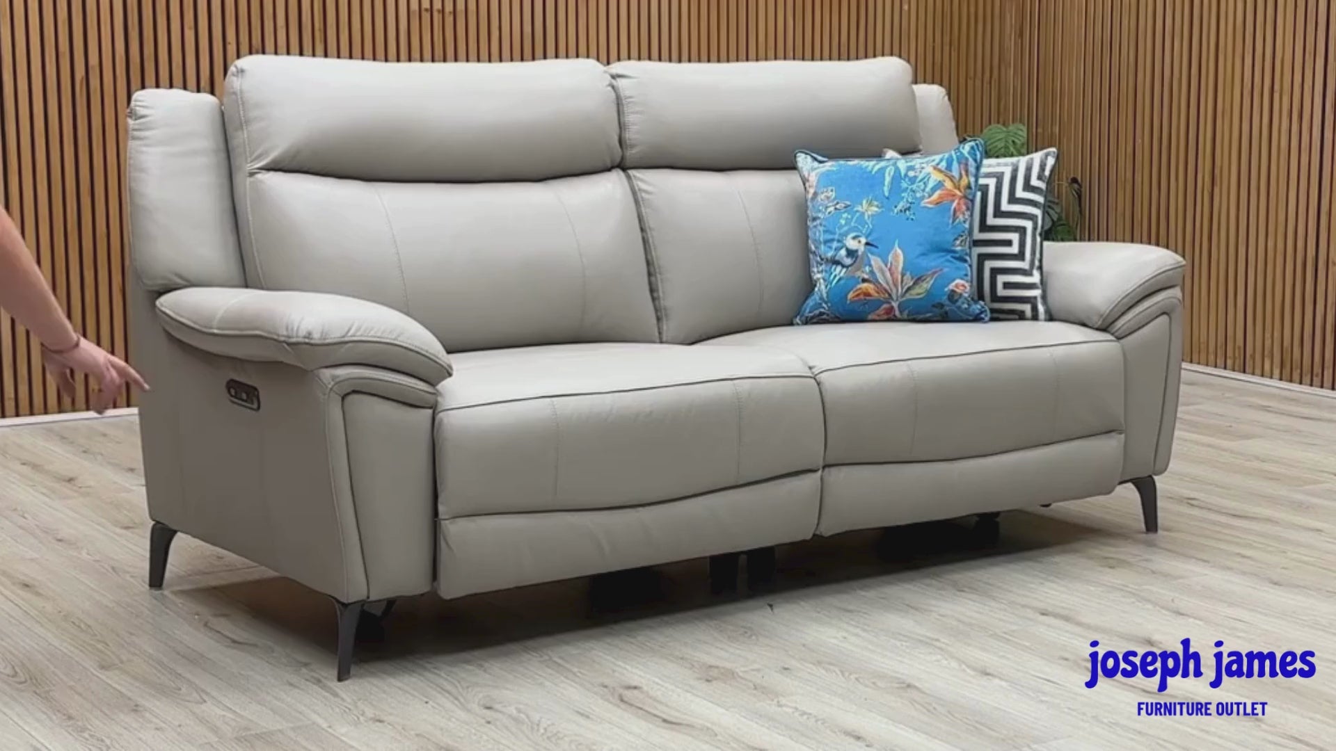 Video Of ‘Panache’ contemporary 3-seater power recliner sofa, beautifully upholstered in a sophisticated Lead Grey Category 60/23 luxury leather.