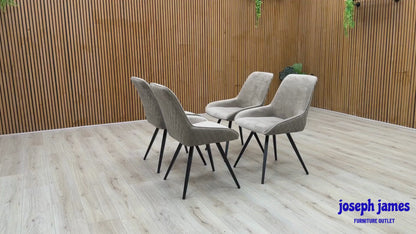 'Saigon' Dark Oak Veneer Wood Fixed Dining Table with Wooden Base & Granite Grey velvet Fabric Set of 4 Dining Chairs