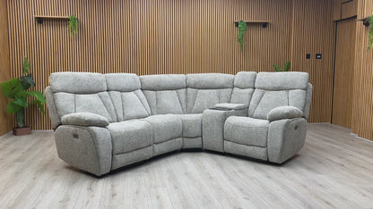 ‘Venice’ Biscuit Fabric Power Recliner Corner Sofa with Smart Tech Console Unit
