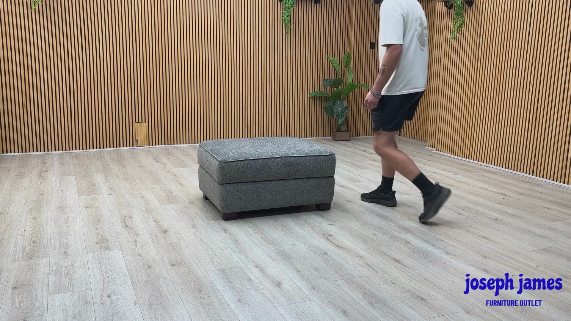 Video Of ‘Elora’ contemporary large storage footstool, beautifully upholstered in high-performance Kento 301 Warm Grey fabric with a neatly tailored lift-up top.