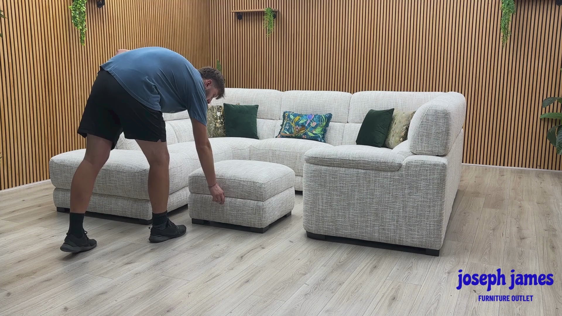 Video Of ‘Nova’ contemporary left-hand facing chaise end corner sofa, beautifully upholstered in a durable Fab MGA R04 Beige fabric and paired with a matching storage footstool.