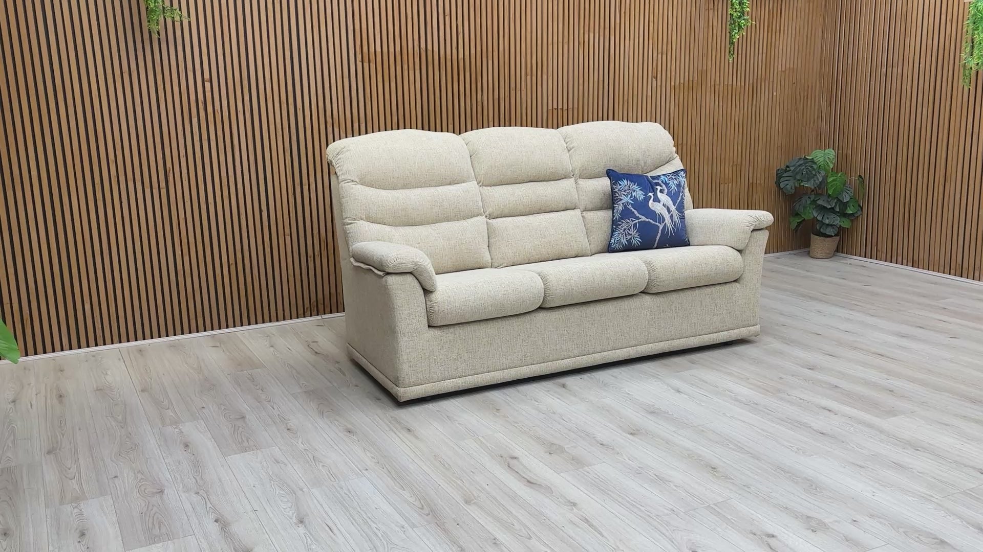 Video tour showcasing the G Plan Malvern sofa, emphasizing its upright seating and lumbar support.