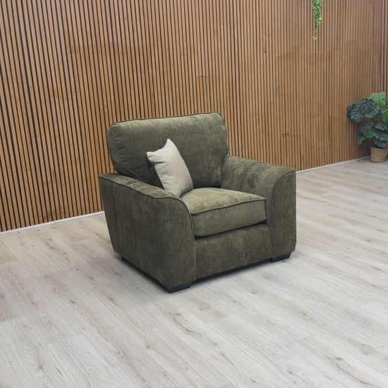 Product walkthrough video of the ‘Harvey’ Olive Green Chair, detailing the fabric and contemporary design.