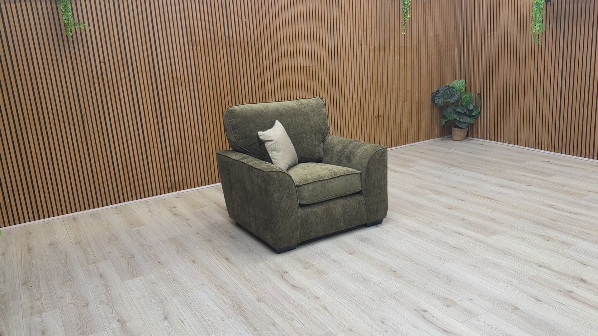 Product walkthrough video of the ‘Harvey’ Olive Green Chair, detailing the fabric and contemporary design.