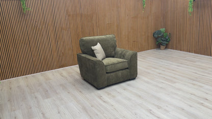 Product walkthrough video of the ‘Harvey’ Olive Green Chair, detailing the fabric and contemporary design.
