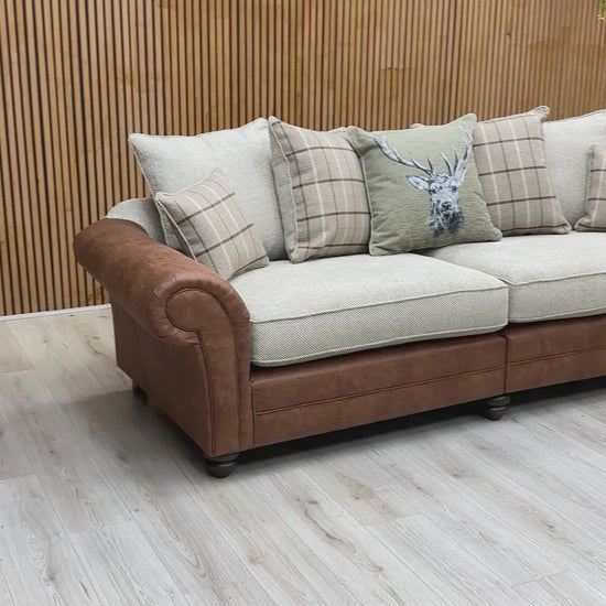 Product video tour of the ‘Charles’ Sultan Oatmeal 4 Seater Split Frame Sofa, demonstrating the fabric durability, seat depth, and the practical split-frame construction.