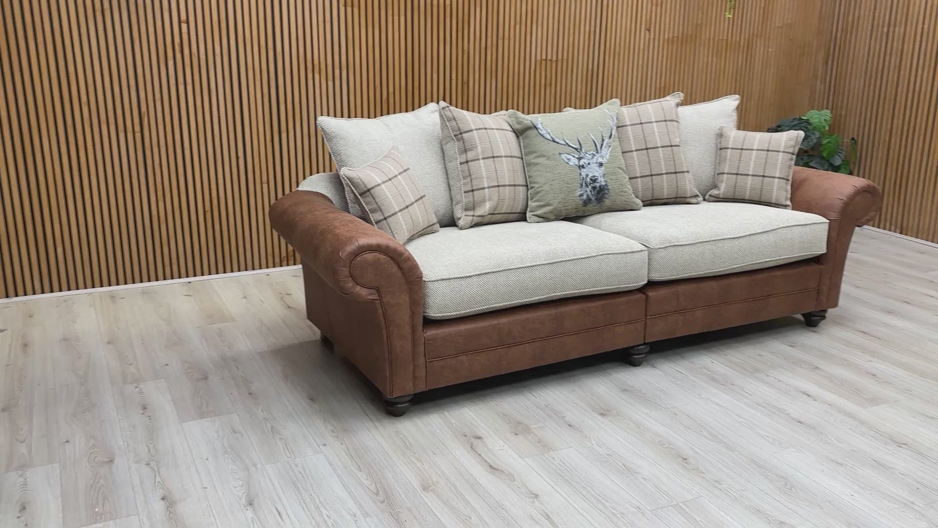 Product video tour of the ‘Charles’ Sultan Oatmeal 4 Seater Split Frame Sofa, demonstrating the fabric durability, seat depth, and the practical split-frame construction.