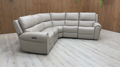 ‘Ezra’ Oyster Leather Power Recliner Modular 2 Corner 2 Sofa with Cup Holders and Storage