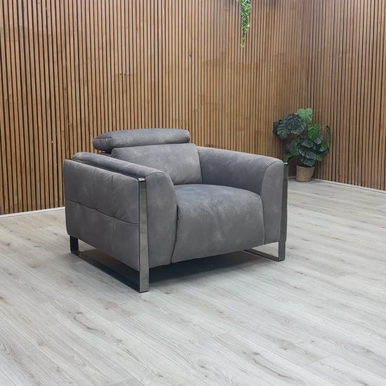 Product tour of the Gisella mocha grey chair, highlighting the fabric texture and the sleek industrial-style metal legs.