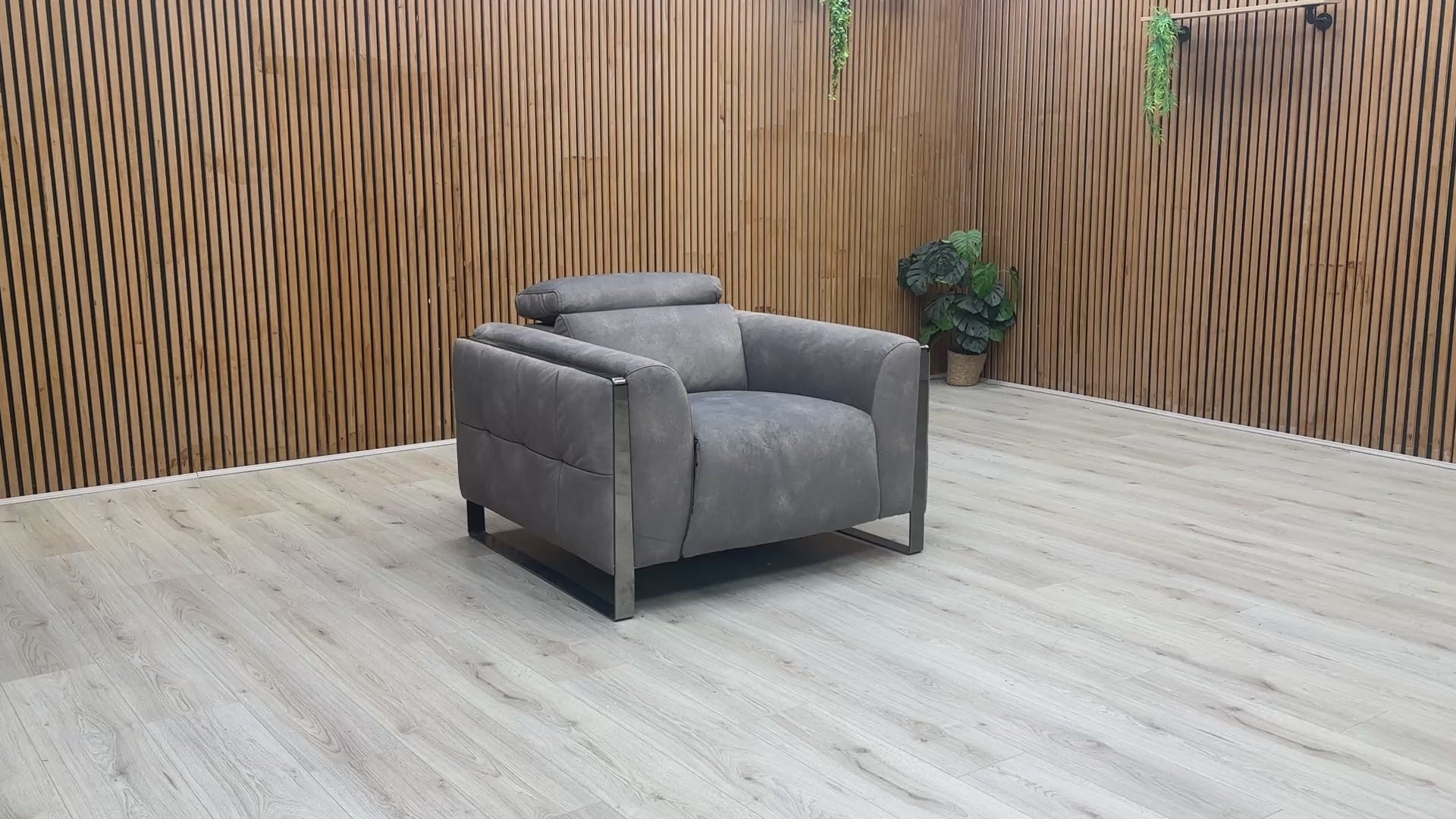Product tour of the Gisella mocha grey chair, highlighting the fabric texture and the sleek industrial-style metal legs.