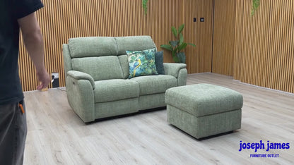 Nicoletti 'Vito' Baobab Muschio Green Woven Fabric 2 Seater Power Recliner Sofa with Power Headrests and Power Lumbar + Storage Footstool