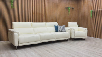 Product video tour of the ‘Moet’ Cotton White Leather Recliner Set, demonstrating the smooth power reclining mechanism, telescopic headrest adjustment, and leather quality.