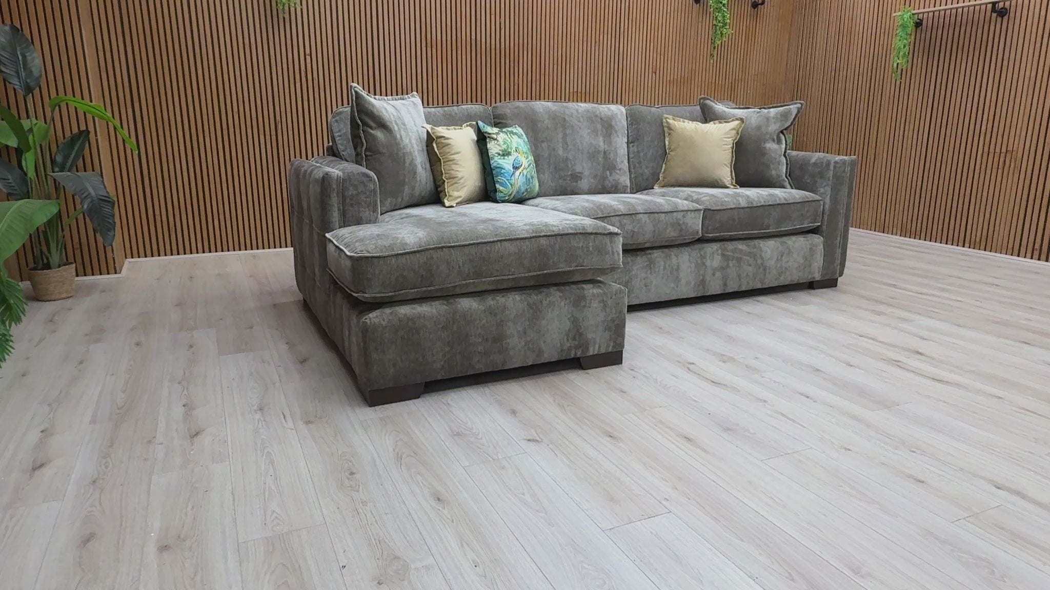 Video for a clip demonstrating the features and soft weave texture of the 'Chelsea' Sage Green Corner Chaise Sofa.