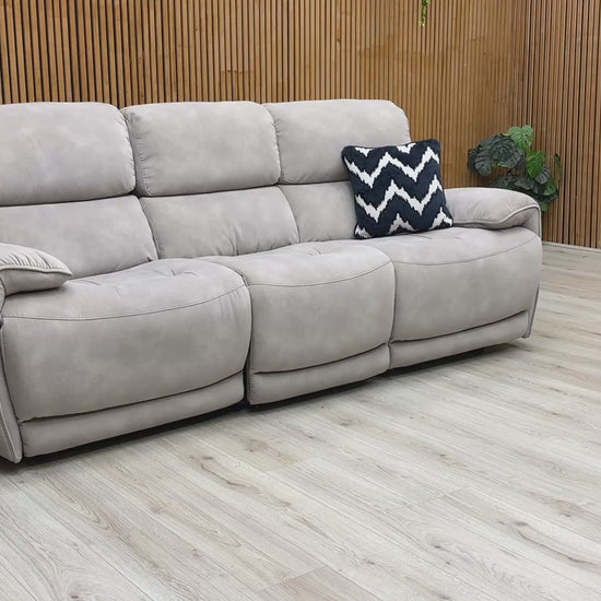 Product video tour of the ‘Link’ Silver Fabric 3 Seater Power Recliner, demonstrating the smooth reclining mechanism and independent power headrest adjustment.
