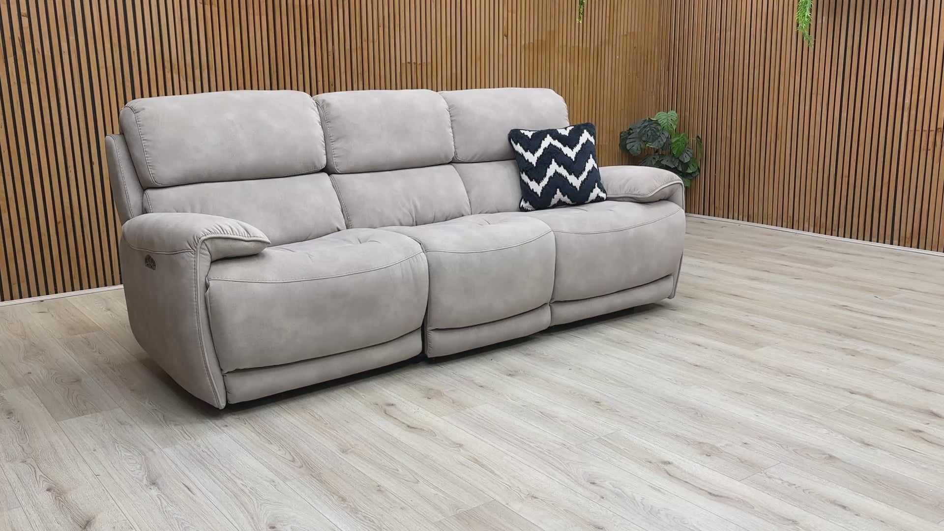 Product video tour of the ‘Link’ Silver Fabric 3 Seater Power Recliner, demonstrating the smooth reclining mechanism and independent power headrest adjustment.
