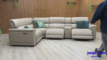 'Genius' Oslo Oyster Cat-40_08 Leather Power Recliner Media Console Large Corner Sofa with Power Headrests, Power Lumbar and Bluetooth Speaker