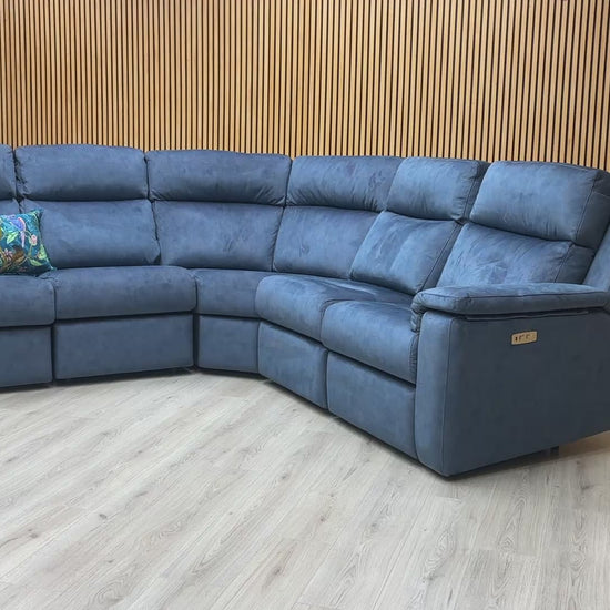 Product video tour of the ‘G Plan Thornbury’ Indigo Velvet Power Recliner Sofa, demonstrating the smooth reclining action and the soft-touch texture of the velvet.
