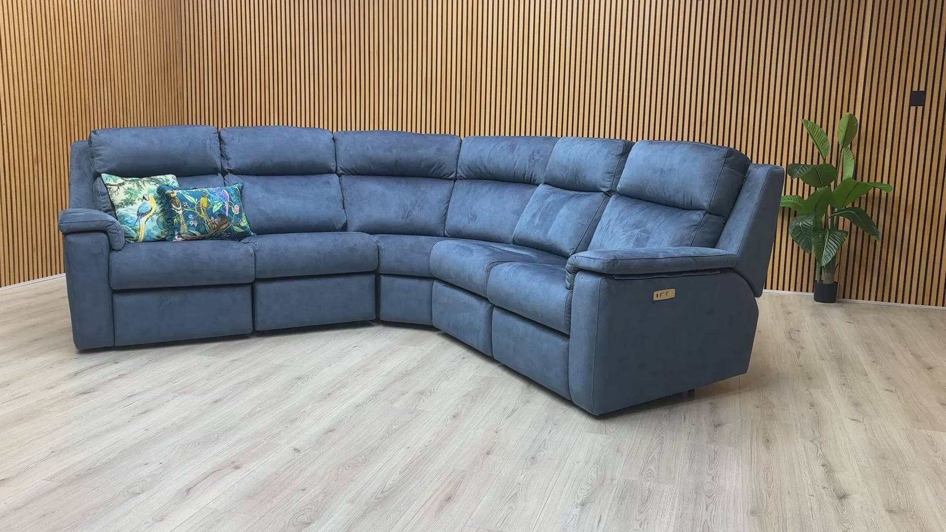 Product video tour of the ‘G Plan Thornbury’ Indigo Velvet Power Recliner Sofa, demonstrating the smooth reclining action and the soft-touch texture of the velvet.