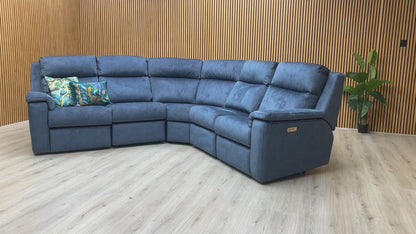 Product video tour of the ‘G Plan Thornbury’ Indigo Velvet Power Recliner Sofa, demonstrating the smooth reclining action and the soft-touch texture of the velvet.