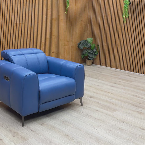 Video Furniture Village ‘Ezra’ premium power recliner armchair, expertly tailored in luxurious Category 40 Aegean blue leather upholstery.